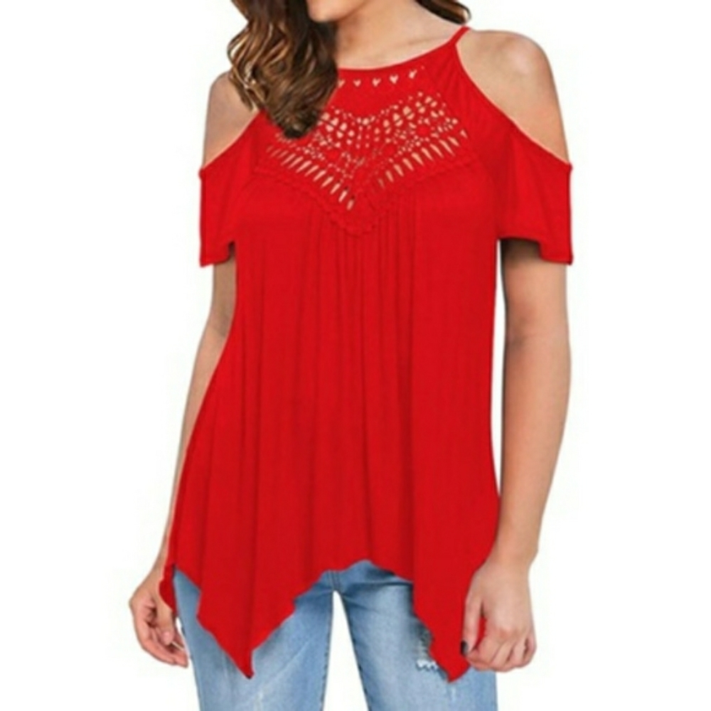 Red lace cold Shoulder top blouse short sleeve LG